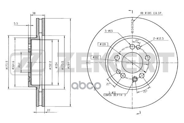 Диск торм. перед. MB 190 (201) 84-  MB E-Class (124) 93-  SL (R107) 85- Zekkert арт. bs-5022