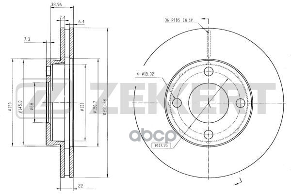 Диск торм. перед. Audi 80 IV 86-  90 II 87-  100 77- (вентилируемый диск) Zekkert арт. bs-5077