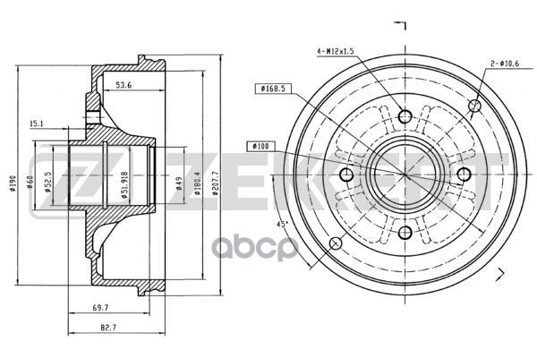 Барабан торм. задн. Renault Clio I  II 91-  Logan 07-  Twingo 96- (без подшипника  без ABS  D=180мм) Zekkert арт. bs-5085
