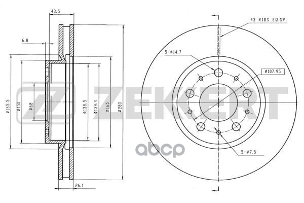 Диск торм. перед. Volvo 850 95-  940 I  II 90-  C70 97-  S70 96-  S90 97-  V70 95-  V90 97- (с покры Zekkert арт. bs-5123b