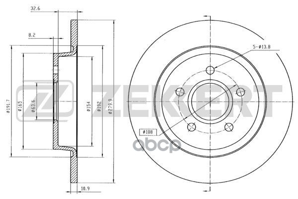Диск торм. задн. Ford C-Max 07-  Focus I  II 04-  Volvo C30 06-  C70 06-  S40 II 04-  V50 04- Zekkert арт. bs-5265