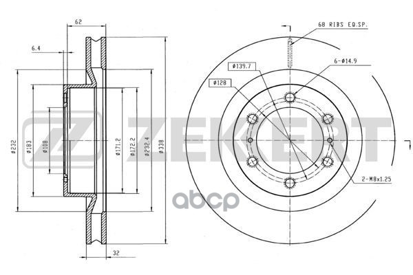 Диск торм. перед. Lexus GX400/460 09-  Toyota Land Cruiser Prado 150 09- Zekkert арт. bs-5304