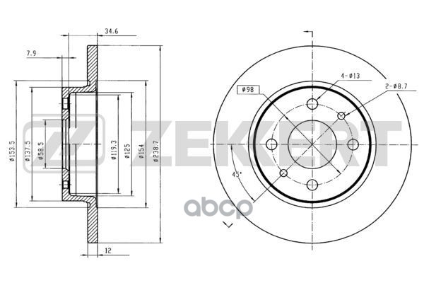 Диск торм. перед. Lada 2108  2109 86-  21099 89-  2104 85-  2105 85- Zekkert арт. bs-5456