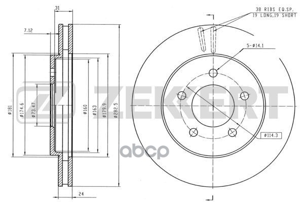Диск торм. перед. Dodge Caravan III 95-  Chrysler Voyager III 95- Zekkert арт. bs-5503