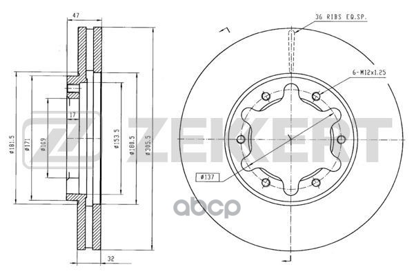Диск торм. перед. Nissan Patrol (Y61) 97- Zekkert арт. bs-5643
