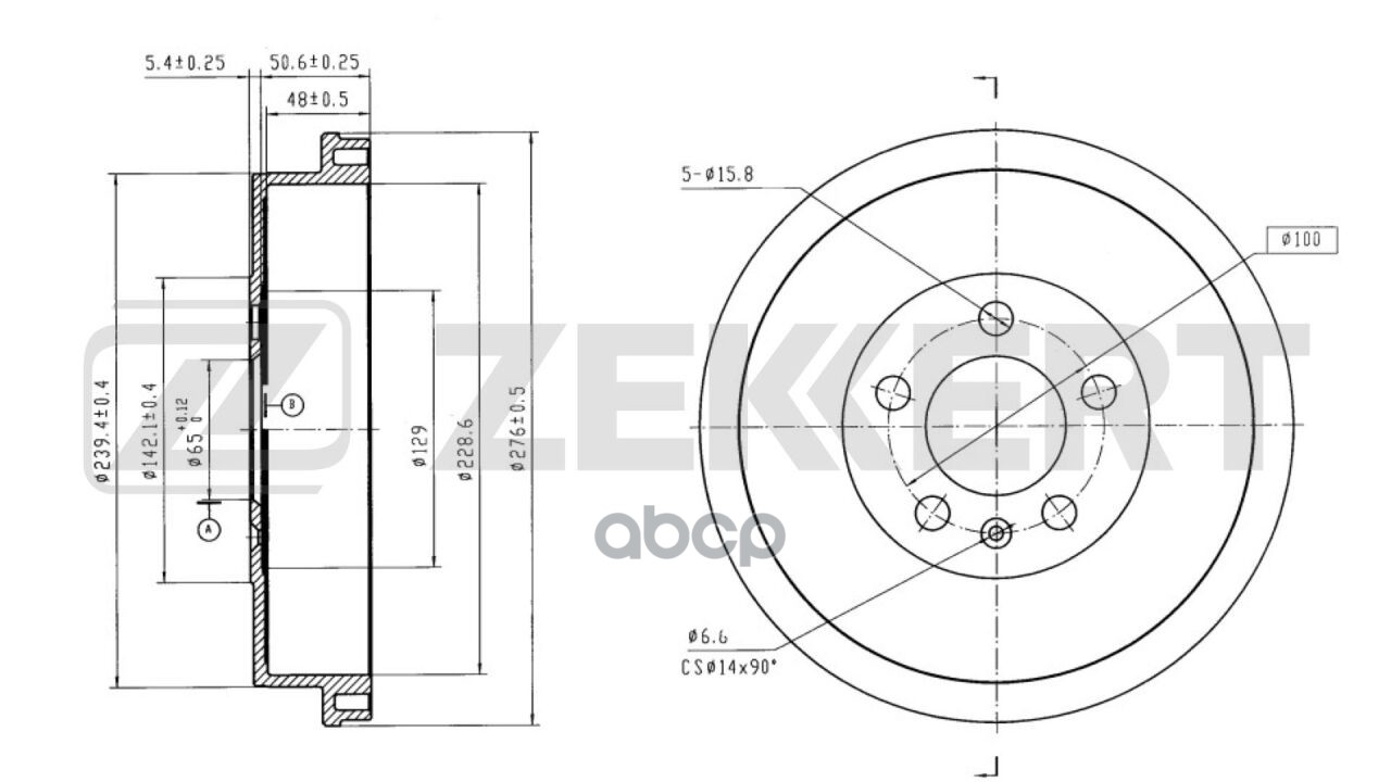 Барабан тормозной задний VW Polo V 10-  Skoda Rapid (NH3  NK3  NH1) 12- (с покрытием) Zekkert арт. bs-6016b
