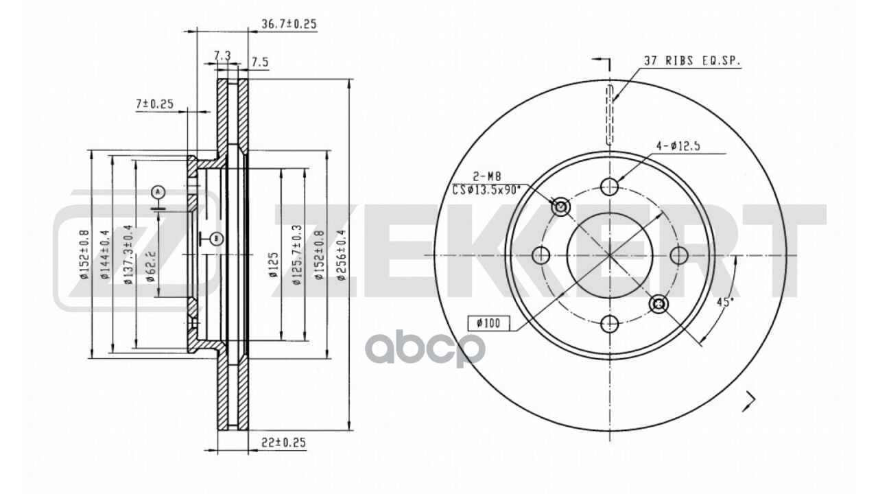 Диск тормозной передний Hyundai Solaris V 18-  i20 II 15-  Kia Rio IV 17- (с покрытием) Zekkert арт. bs-6236b