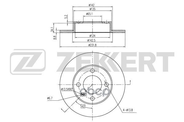 Диск торм. задн. VW Lupo 99-  Polo III 99-  Seat Arosa 00-  Ibiza II 93-  Cordoba 94- Zekkert арт. bs-6355