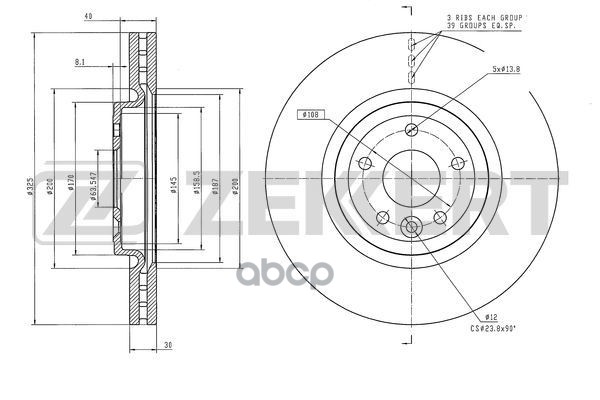 Диск тормозной перед. LR Range Rover Velar 17-  Jaguar F-Pace (X761) 15- (внешний D=325мм) Zekkert арт. bs-6567
