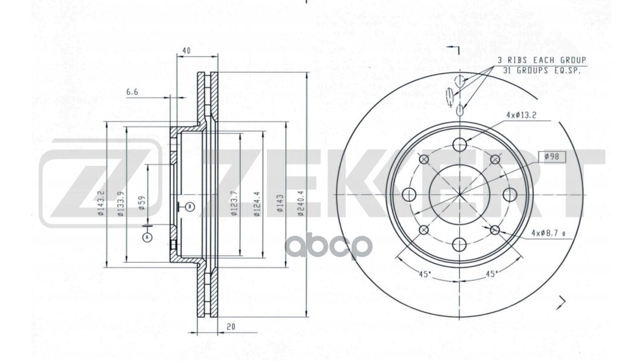 Диск торм. перед. Fiat Brava (182_) 95-  Bravo (182_) 95-  Alfa Romeo 146 (930_) 94-  Lancia Dedra ( Zekkert арт. bs-6629