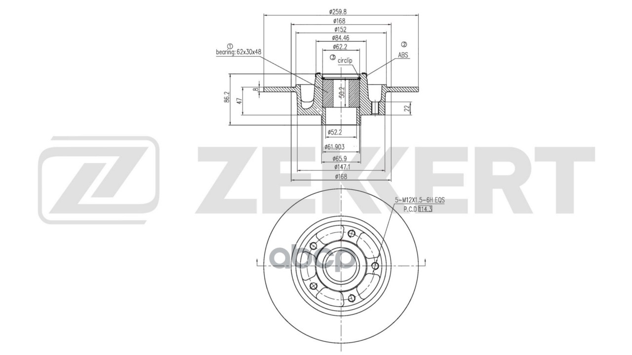 Диск торм. задн. Renault Megane III 08-  Scenic III 08-  Clio IV 13- (с подшипником  с ABS) Zekkert арт. bs-6653