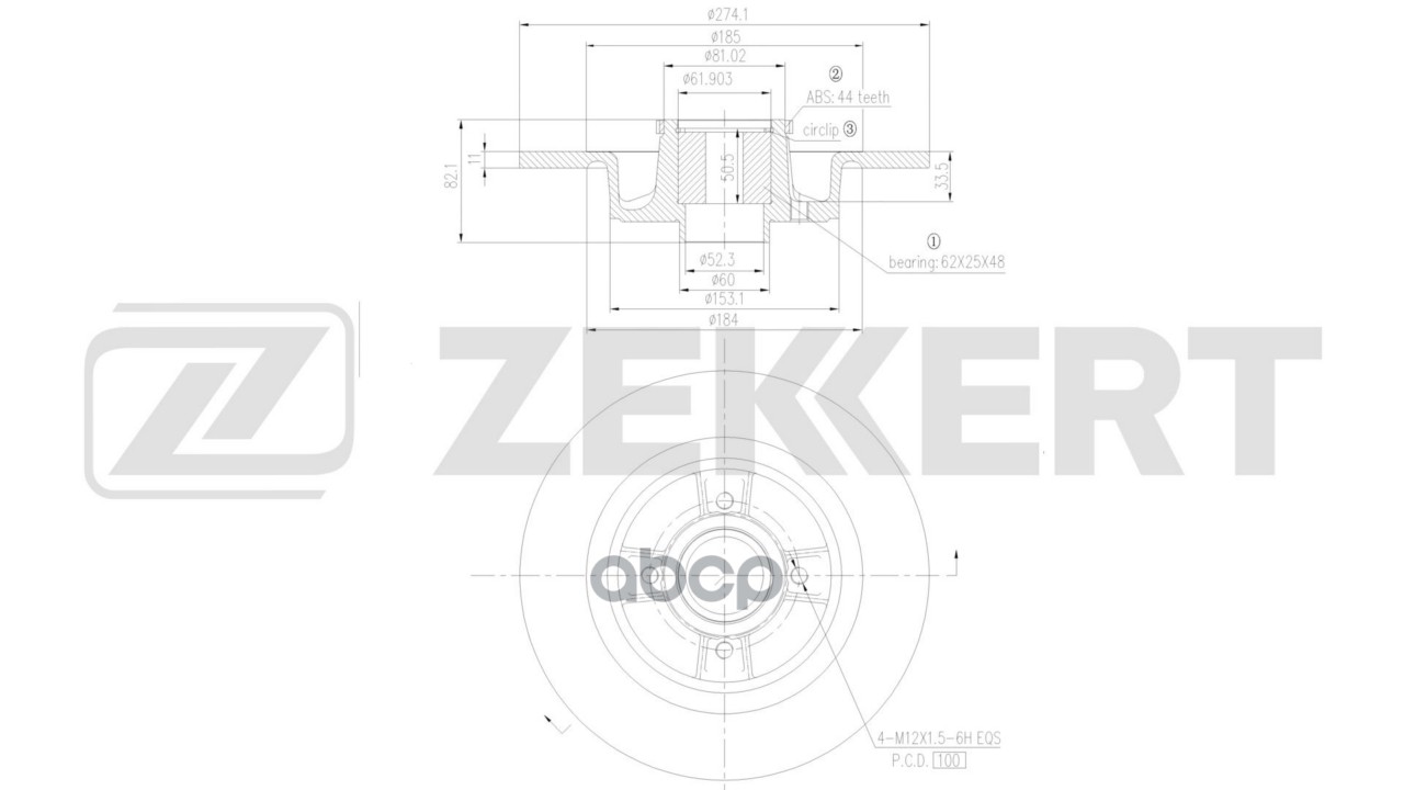 Диск торм. задн. Renault Megane 97-  Scenic 99- (с подшипником  с ABS) Zekkert арт. bs-6654