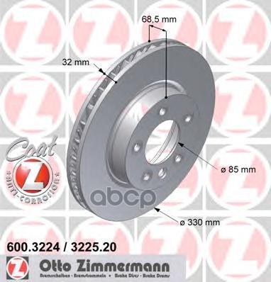 Диск тормозной правый VAG/PORSCHE  с антикоррозионным покрытием Zimmermann арт. 600.3225.20